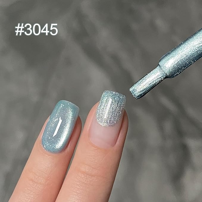 GAOY Jelly Blue Cat Eye Gel Nail Polish, 16ml Glitter Holographic Nail Polish with Magnet, Reflective Translucent UV Gel, 3045 Blue Ice