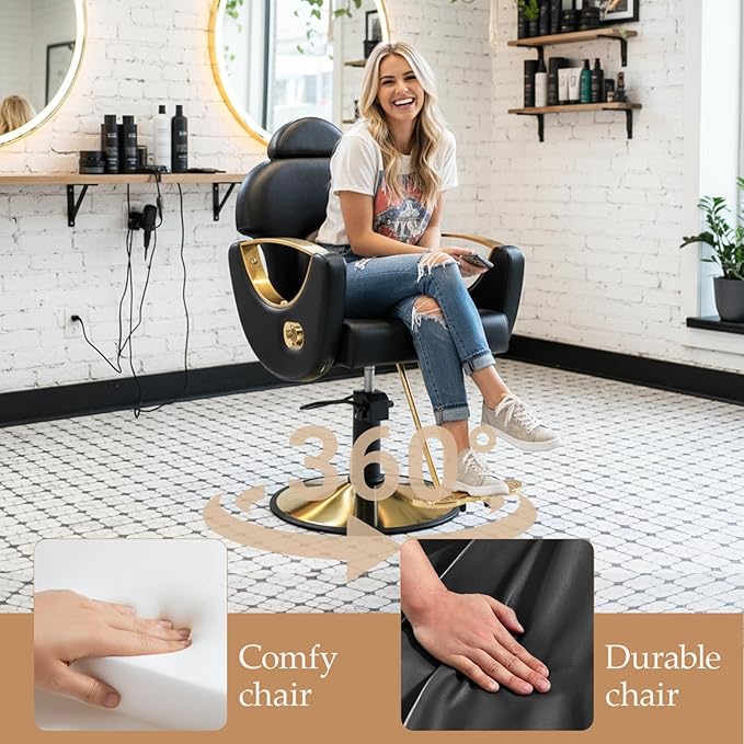 Black Salon Chair for Hair Stylist, Professional Barber Chairs Barbershop Hair Stylist Chair with Heavy Duty Hydraulic Pump, 360° Braiding Styling Hairdresser Chairs for Spa Home Euipment, Cold Black