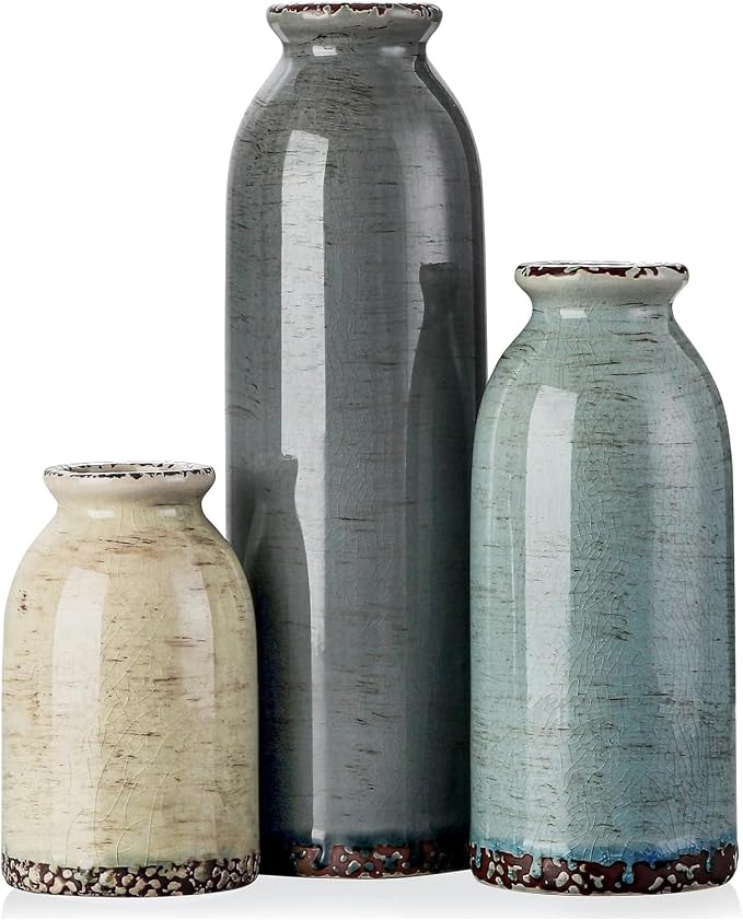 Ceramic Vase Set of 3, Modern Flower vase for Home Decor | Small Round Decorative Vase for Living Room, Kitchen Table Centerpieces Shelf, Coffee Table Decor