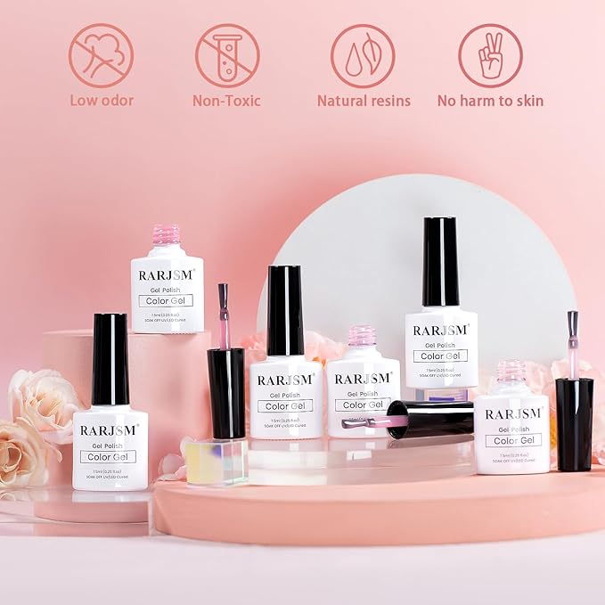 RARJSM Jelly Nude Gel Nail Polish Set 6 Transparent Neutral Skin Tone Colors Milky White Clear Pink Sheer Rose Red French Manicure LED UV Gelpolish Soak Off Curing Requires for Home Salon 7.5ml