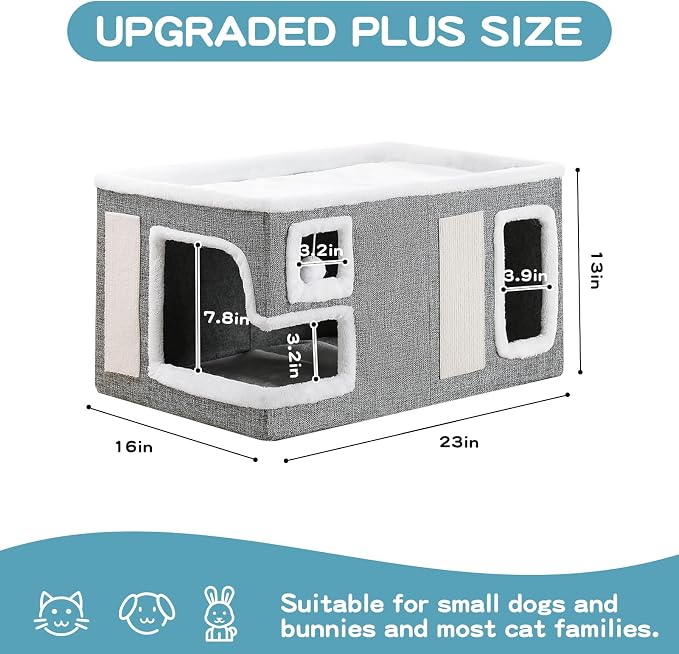 Large Cat Houses for Indoor Cats, Extra Wide Cat Cave Bed with Scratch Pad and Fluffy Ball, Foldable Cat Hideaway Condo for Large Cats, Modern Kitten Bed,23x16x13 inches (Grey, X-Large)