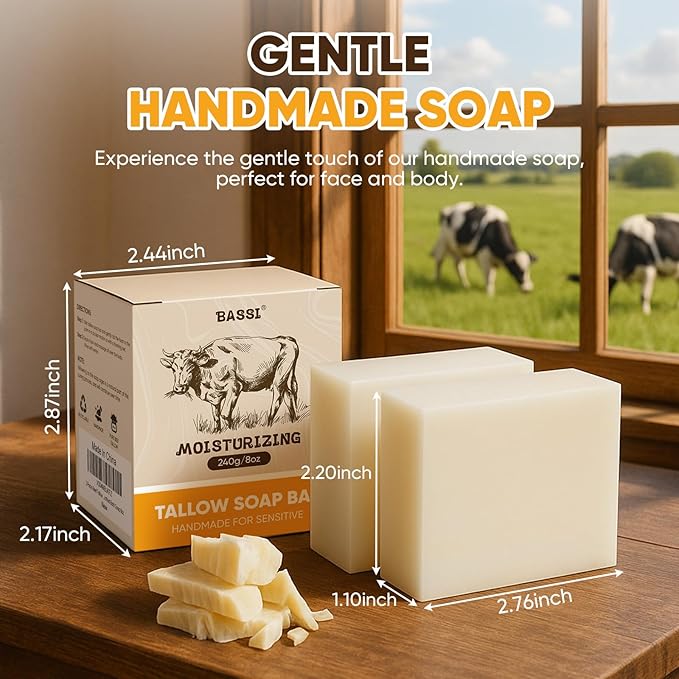 Beef Tallow Soap Bar, 2 Pack All Natural Grass Fed Tallow Soap, Moisturizing Face & Body Wash, Handcrafted Bath Soap Great for Dry, Itchy, Sensitive Skin, 4 Oz/pc