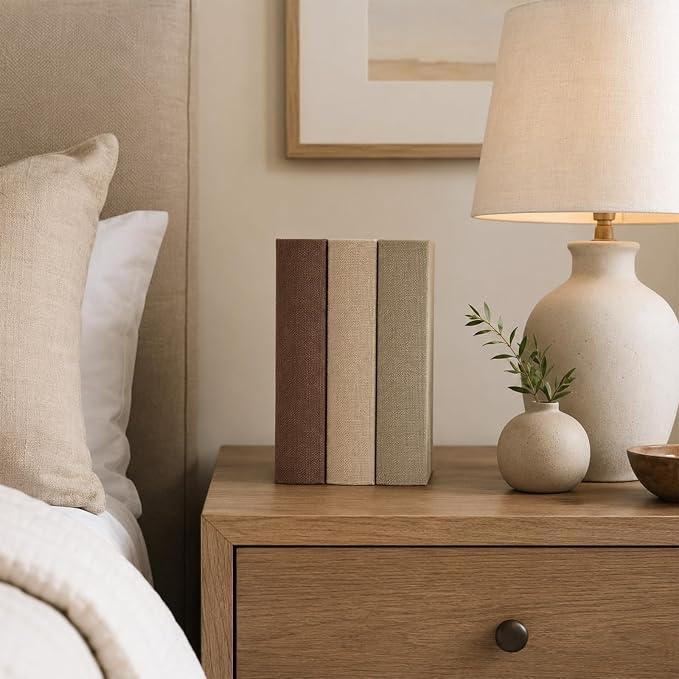 DECOR4SEASON Modern Linen and Wood Decorative Faux Book Boxes Set of 3, 8" | Stackable Storage Boxes for Shelves, Coffee Table, and Office Organization (Earth Tones)