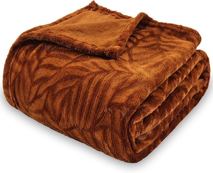 Super Soft Flannel Fleece Fall Bed Blanket, 90 x 90 Inches, Caramel | Lightweight Cozy Warm Leaves Textured Plush Blanket as Bedspread Coverlet Bed Cover for All Seasons