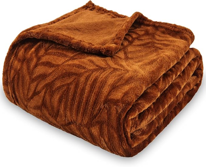 Super Soft Flannel Fall Throw Blanket, 50 x 60 Inches, Caramel | Lightweight Cozy Warm Leaves Textured Plush Fleece Blanket for Bed Couch Sofa