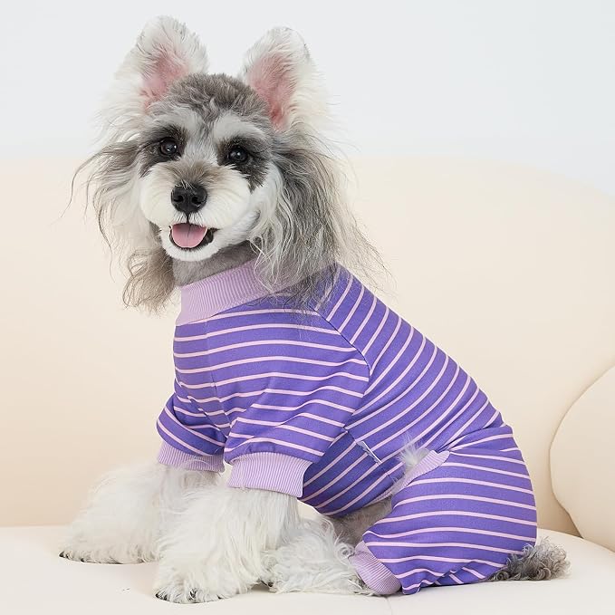 XPUDAC 4 Pack Dog Pajamas Striped Dog Clothes for Small Medium Dogs Girl Boy Comfy Puppy Outfit Doggy Jammies Onesie Pet Costume, Purple, Pink, Orange, L