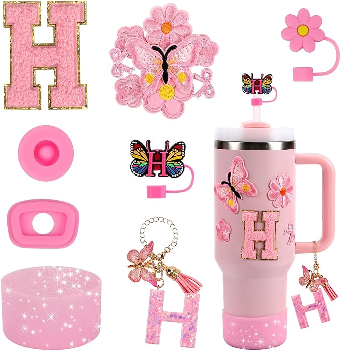15PCS Cup Accessories Set for Stanley Cup 30oz 40oz Tumbler with Handle, Including Silicone Straw Cover and Boot, Spill Proof Stopper, Stanley Charms, Handle Charm, Initials Sticker