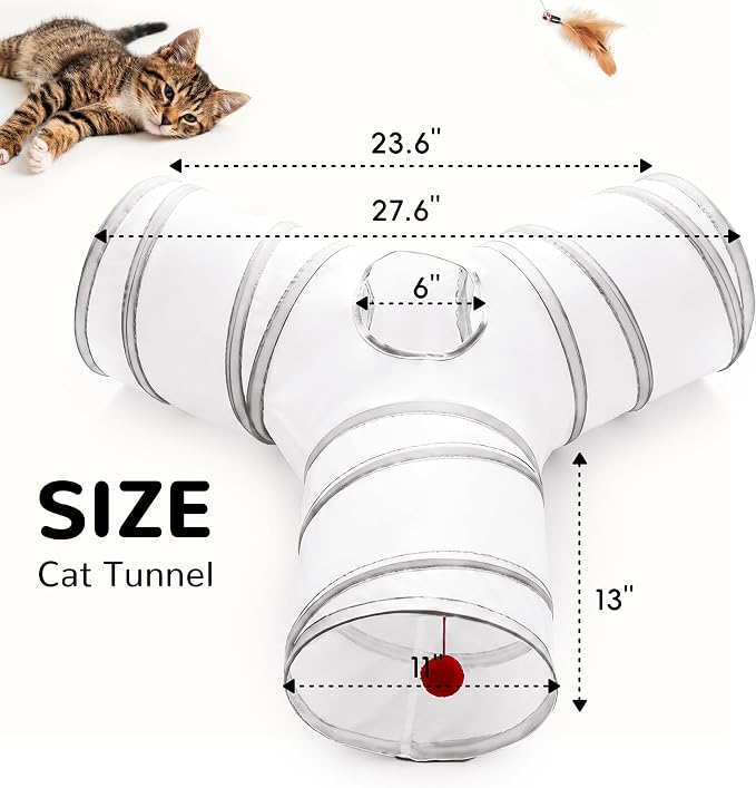 Tempcore Cat Tunnel, 3-Way Collapsible Toy for Indoor Cats, White & Grey