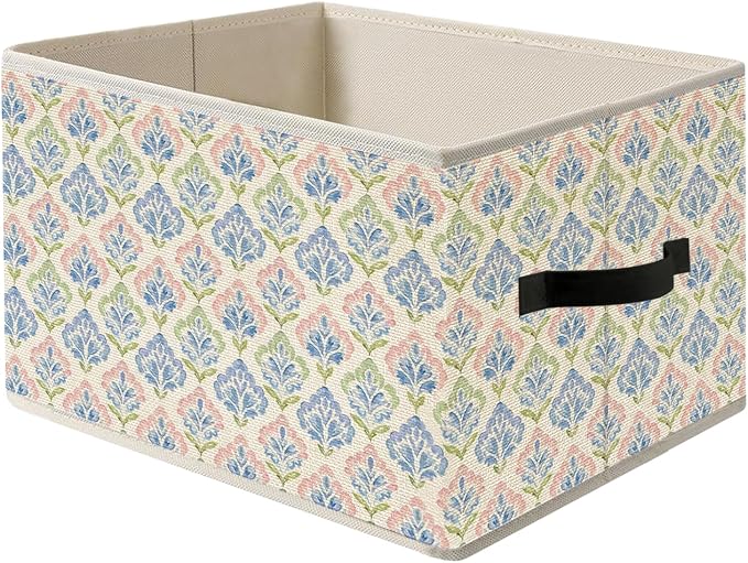 Girly Pastel Jewels Storage Bin Box with Handles, Grandmillenial Blue Green Pink Floral Cottagecore Foldable Organizer Basket Toybox for Girls Dorm Bedroom Bathroom Clothes Toys Books