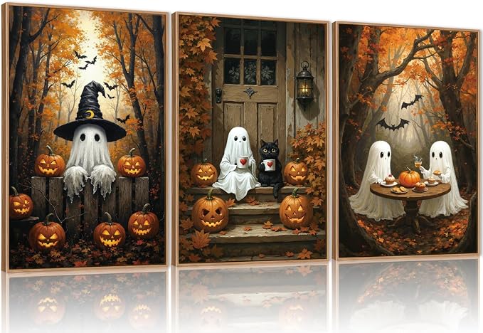 FWIEXA Halloween Cute Ghost Pumpkins Canvas Wall Art Set of 3, Black Cat Framed Painting Artwork, Vintage Witchy Hat Bats Prints, Fall Maple Leaf Decor 16x24In for Party, Gift, Living Room, Bedroom