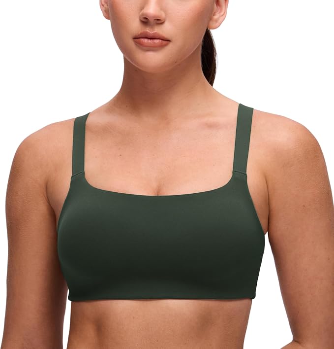 CRZ YOGA Butterluxe Adjustable Wide Strap Sports Bras for Women - Square Back Padded Scoop Neck Yoga Top