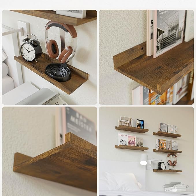 RICHER HOUSE 8-Set Floating Shelves with Lip, Rustic Brown Wall Shelf 16in | Display Picture Ledge Shelf, Anti-drop lip Shelf for Room Wall Decor, Bedroom Bathroom Storage Nursery Hanging Book Shelves