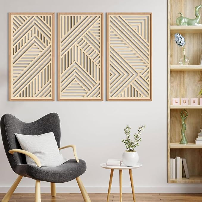 IARTTOP Large Boho Wooden Wall Art 16x32 Inch Framed Mid Century Modern Wood Wall Decor Minimalist Modern Bohemian Decor for Dining Room Living Room Bedroom Set of 3