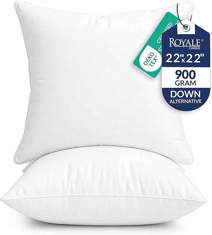 ROYALE LINENS 22 x 22 Pillow Insert - Down Alternative Throw Pillows Insert - Square Pillow Pack of 2 White - Bed & Couch Pillows - Inner Cushion for Bed, Cushion for Living Room - Shams Stuffer