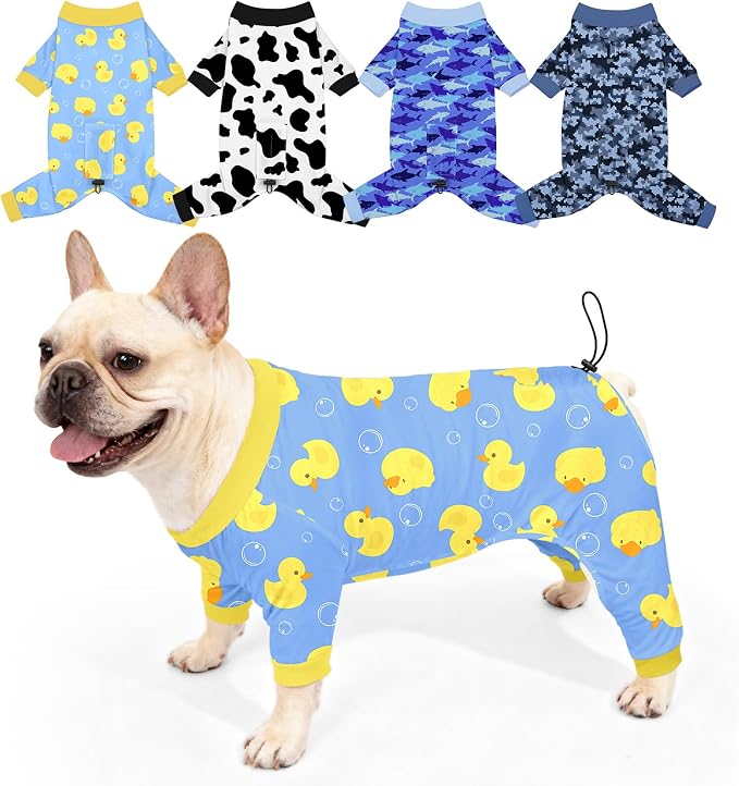 Bienbee Dog Pajamas, 4 Pack Adjustable Onesies for Small to Large Dogs L | Dog Shedding Suit with Soft Fabric, Breathable & Stretchy, and Adjustable Back Length for Sleeping Lounging and Daily Use