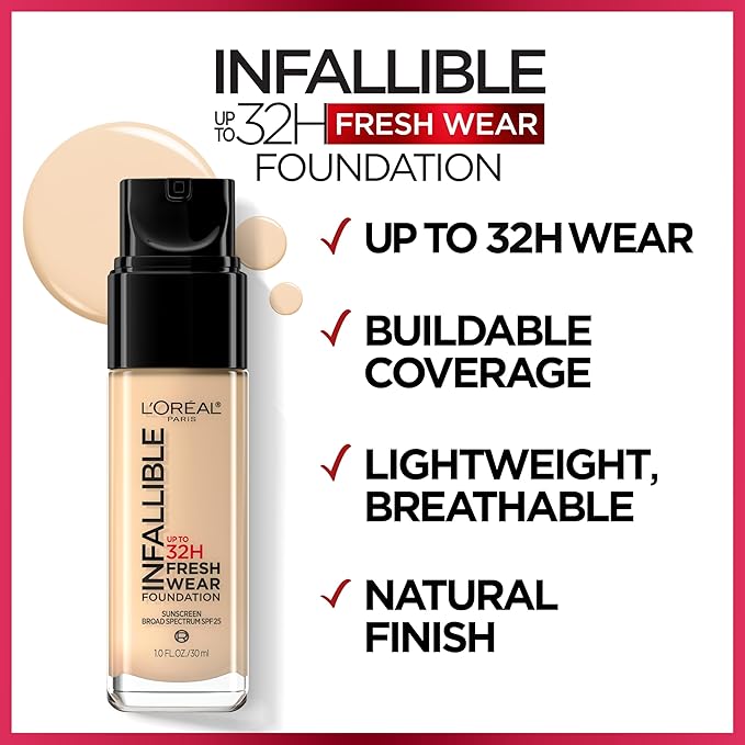 L'Oreal Paris Makeup Infallible Up to 32 Hour Fresh Wear Lightweight Foundation, 410 Ivory, 1 Fl Oz, Packaging May Vary