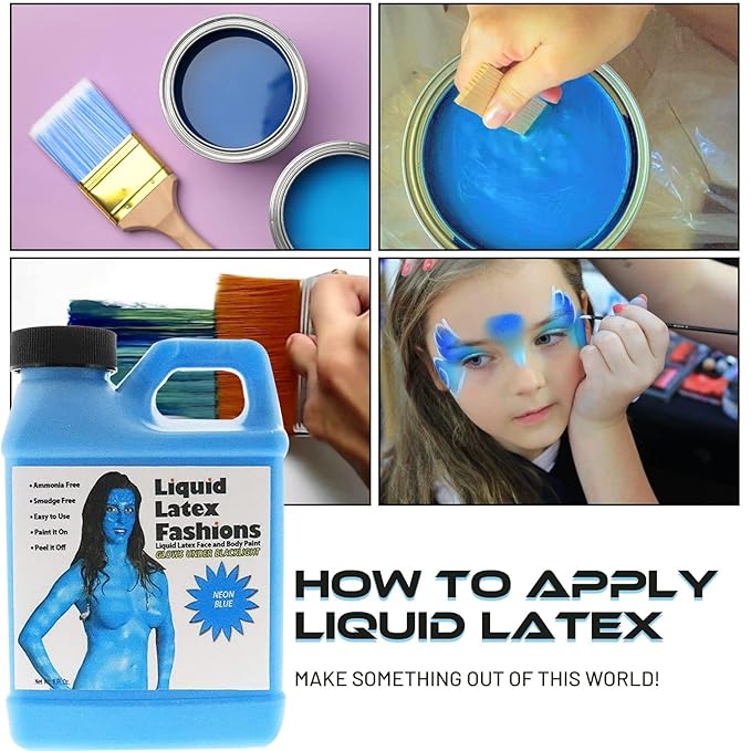 Neon Blue 8 oz - Liquid Latex Face and Body Paint, UV Black light Reactive, Ammonia Free, for Kids and Adults, Ideal for Artwork and Cosplay