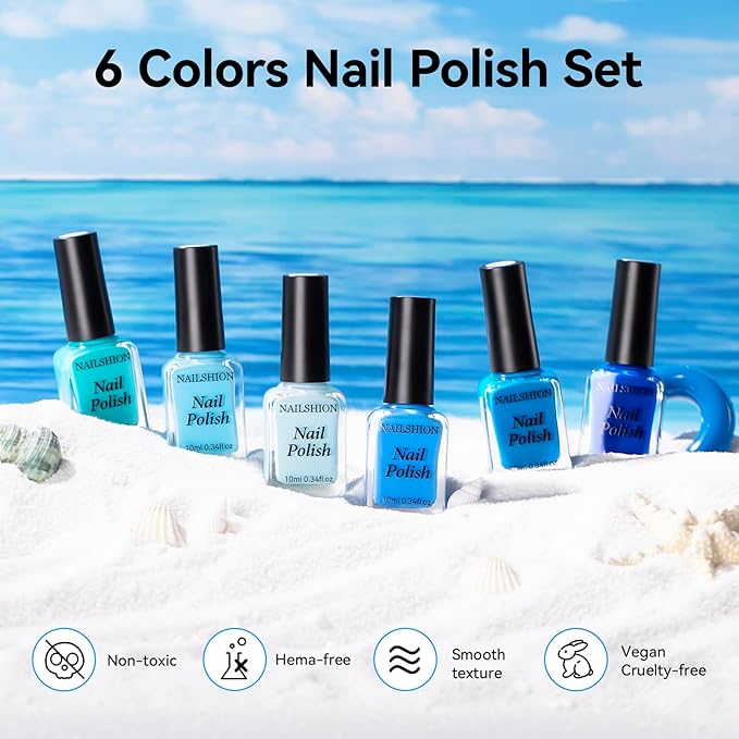 Blue Nail Polish Set: 6 Colors Light Blue Dark Navy Royal Teal Ocean Baby B lue Collection Toe Fingernail Polish, Quick Dry Non Gel, High Gloss Shine, Healthy Nail Art DIY Manicure Gift