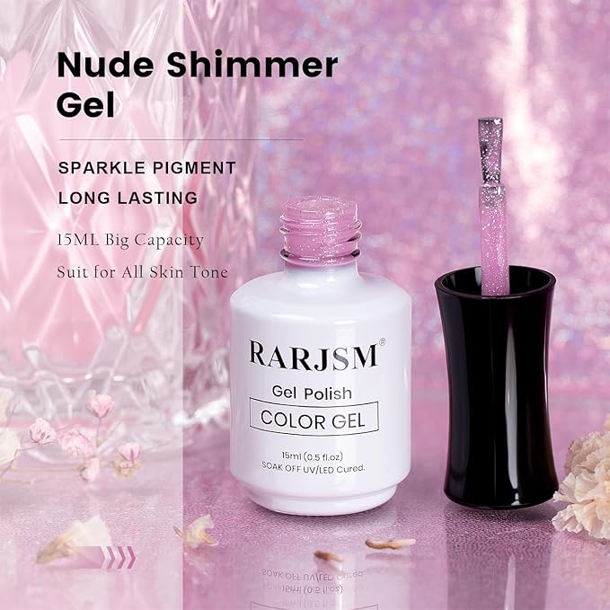 RARJSM Nude Rose Purple Gel Nail Polish with Rainbow Iridescent Glitter Sheer Jelly Shimmer Gel Polish 15ml UV LED Soak Off Transparent Soft Color Home Salon French Manicure Varnish Curing Requires