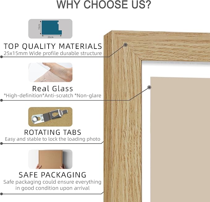 Hongkee 8x10 Picture Frame Set of 4, Made of Real Glass and Natural Oak Wooden Frame, 8 by 10 Photo for Wall or Tabletop - Display Picture 5x7 with Mat or 8x10 Without Mat