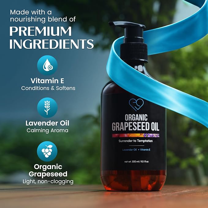Organic Grapeseed Massage Oil with Lavender & Vitamin E – Lightweight, Non-Greasy Body & Skin Oil for Massage, Aromatherapy & Moisturizing – 10.1 fl oz (300 ml)