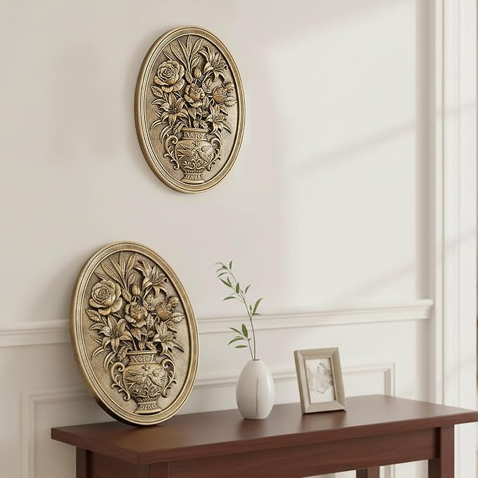 Newinhome Vintage Flower Wall Sculpture, Antique Wall Decor, Hand Painted Wall Decorations with Embossed Flower Design, Antique Pediment, Gold Decor for Living Room Bedroom Hallway, Unique Gifts
