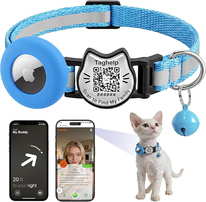 Cat Collar with AirTag Holder, QR Code Tag and Bell (Blue)