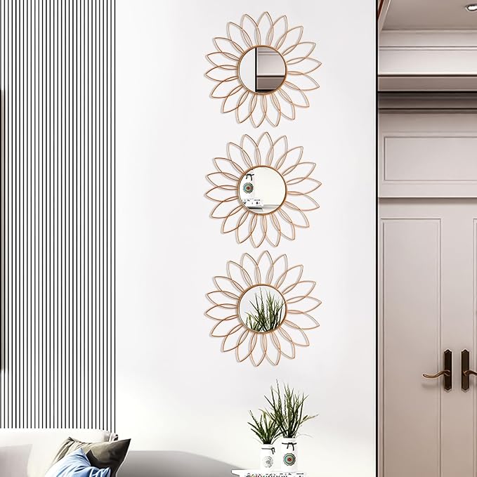 3 Pack Metal Mirrors for Wall Sunburst Wall Mirrors Home Décor Decorative Hanging Wall Art for Living Room Bedroom Entryway (Rose Gold2, Flowers)