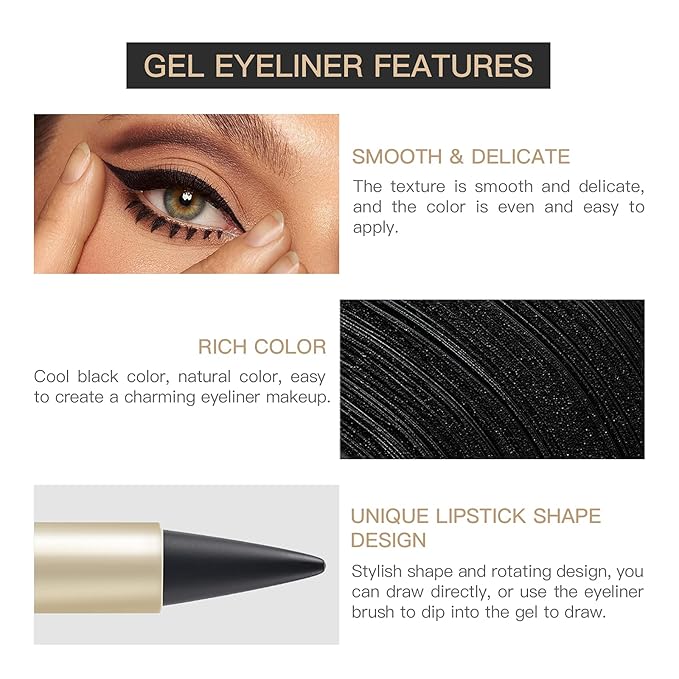 2 Pcs Black Gel Cream Eyeliner Set, Tool Smudge Proof and Waterproof Matte Quick Dry Black Eye-liner Pencil Tattoo Eyeliner Pen Stick Makeup for Women