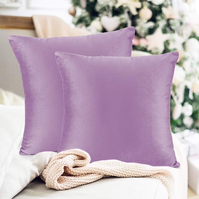 Throw Pillow Inserts Pack of 2 with Velvet Soft Solid Decorative Square Throw Pillow Covers Set for Sofa Couch Car Bedroom, 26X26 Throw Pillows Inserts with 24x24 Washable Cushion Covers, Lavender