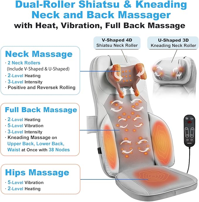Shiatsu Neck Back Massager with Heat - 4D Kneading Full-Body Massage Cushion with Vibration, Dual-Neck Design, Adjustable Intensity, Height for Release Stress, for Office Chair, Home, Grey