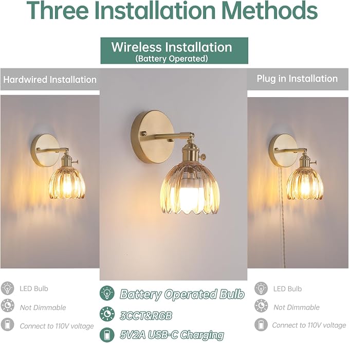 Shenmoyl Vintage Battery Operated Wall Sconce with Amber Tulip Glass Lampshade Rechargeable Battery Powered Wall Light with Remote Control for Bedside Bedroom Doorway