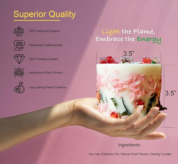 Botanical Crystal Candle, Organic Natural Dried Flowers, Aromatherapy, Gardenia Scented Fragrance, Meditation,Manifestation,Intention,Christmas,Mother's Day,Gift for Woman (Rose Amaranth/Hydrangea)