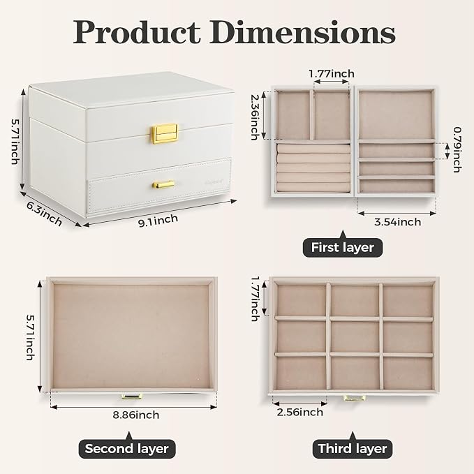 Jewelry Organizer Box, Large Jewelry Boxes for Women Girls, Space-Saving 3 Layers Jewelry Storage Case with Drawer, Movable Metal Stand, Modern, Gift Idea (Cloud White + Gold)