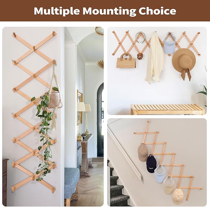 SCUNDA Wall Rack with 20 Hooks, Wooden Wall Expandable Coat Rack for Coat, Hats, Baseball Caps, Coffee Mug, Jewelry(Natural)