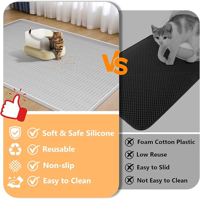 Silicone Cat Litter Mat 47" x 35" Cat Mat for Litter Box, Light Grey | Extra Large Cat Litter Trapping Mat for Floor, Waterproof, Non-Slip Kitty Litter Box Mat with Raised Edge, Easy to Clean