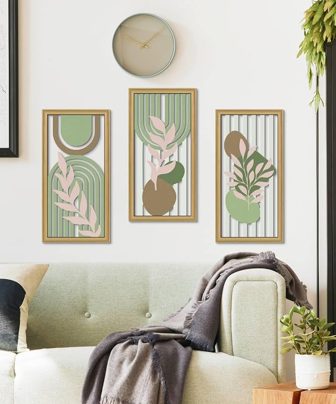 Putuo Decor Boho Abstract Wall Art Set of 3, Modern Geometric Botanical Wooden Wall Decor, Mid-Century Minimalist Framed Artwork, Warm Toned Aesthetic Prints for Living Room, Bedroom, Office