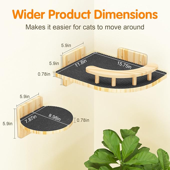 XiaZ Cat Wall Shelves, Corner Cat Shelf with 3 Wide Perch Steps, Kitty Wall Climber Wooden Furniture up to 25lbs, Modern Floating Cats Stairs for Indoor Sleeping, Playing, Climbing