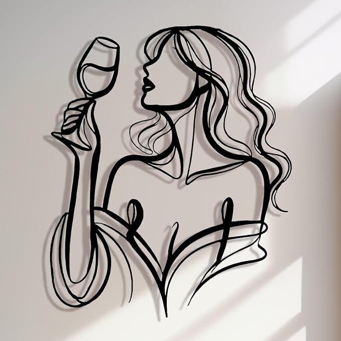 LIYAOLI Black Metal Wall Art Decor, 3D Woman Drinking Wine Sculpture for Bar, Kitchen