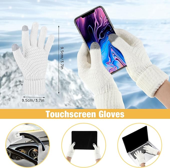SATINIOR 5 Pcs Winter Beanie Hat Scarf Gloves Set Fleece Lined Knit Hat Warm Touch Screen Gloves Earmuff Warmer for Women(White,Fashion Style)