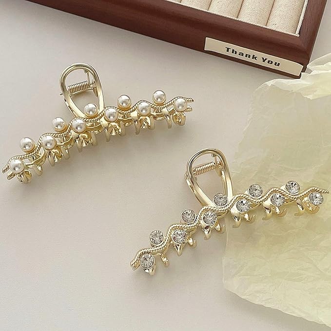 Crystal Hair Clips, Metal Imitation Pearl Hair Claw Clip for Women, Rhinestone Hair Claw Barrettes Non Slip Hair Clamp Fashion Wedding Party Accessories Elegant Jaw Clip Decorations for Lady (2 Pack)