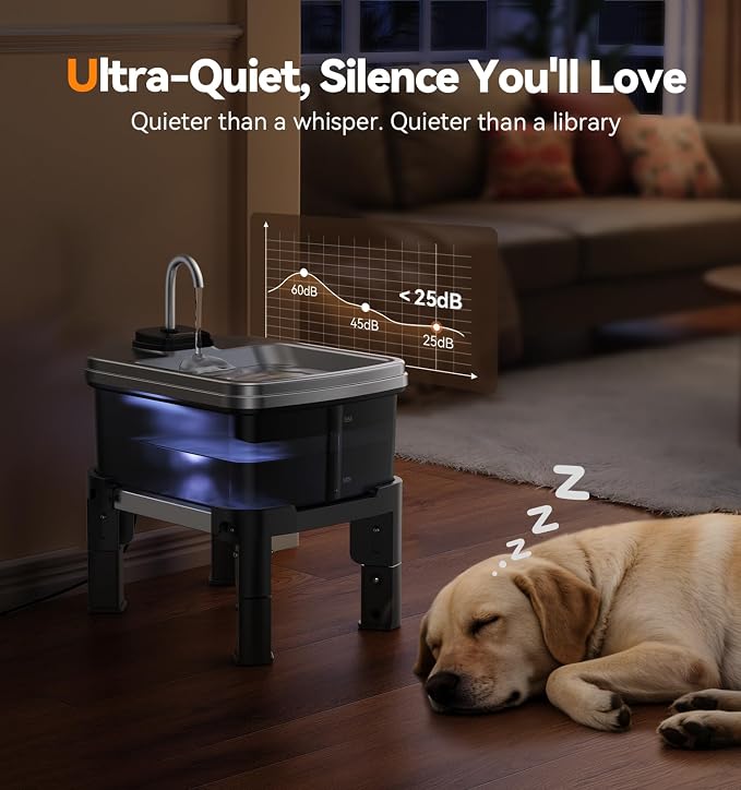 9L/2.38Gal Dog Water Fountain Elevated with 4-Height Adjustable Stand, FeelNeedy Large Pet Water Dispenser with Durable Ultra-Quiet Pump & 304 Stainless Steel Tray, Water Fountain for Dogs Indoor