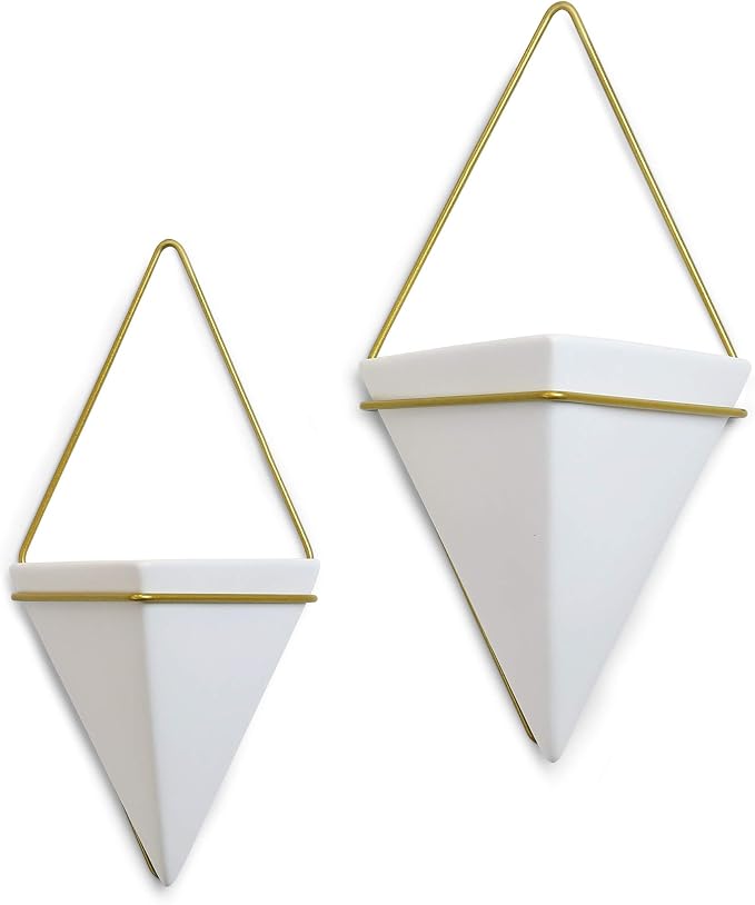 WGV Geometric Ceramic Vase, Width 5.3"x3", Height 5.5", White Hanging Wall Sconce Pot with Gold Metal Air Planter for Wedding Event Office Home Decor, 1 Piece
