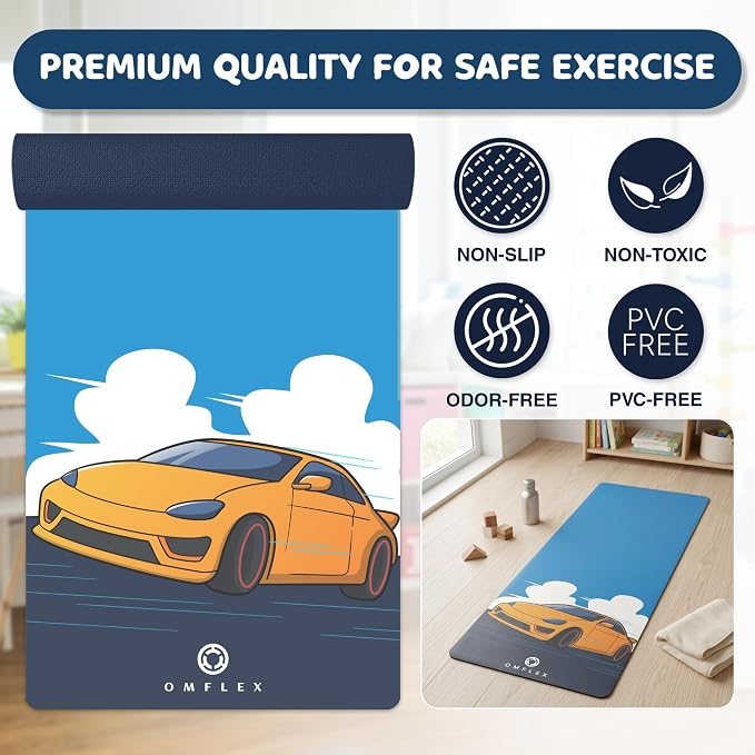 Kids Yoga Mat with Carrying Strap – 60"x24" Non-Slip Premium Exercise Mat for Kids, 3mm Thick Non-Toxic, PVC-Free Play Mat for Children, Dolphin, Car & Supergirl Designs