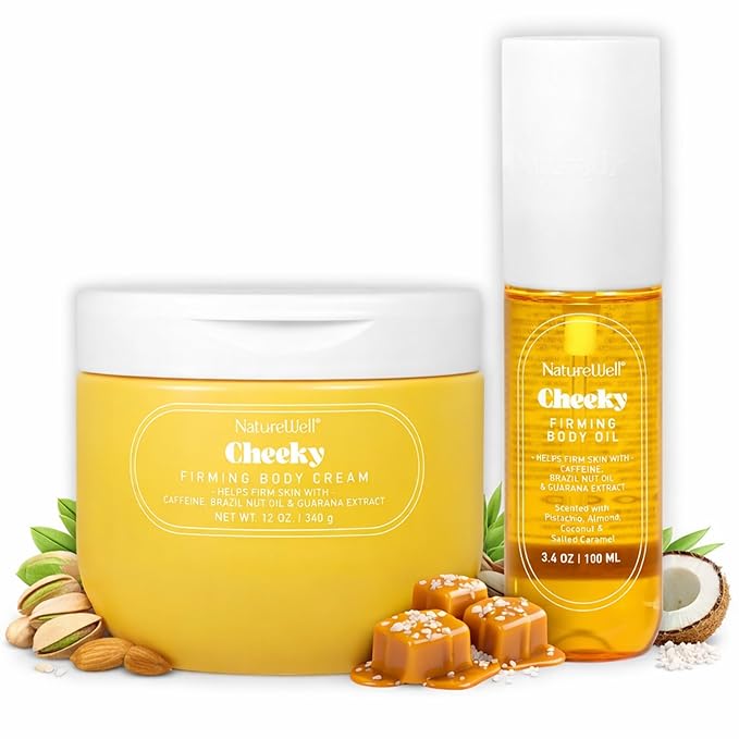 NATURE WELL Cheeky Firming Body Oil & Body Cream Bundle, Luxuriously Glowy, Fast-Absorbing, Designed to Nourish, Firm & Smooth Skin, Scented with Pistachio, Almond, Coconut, & Salted Caramel