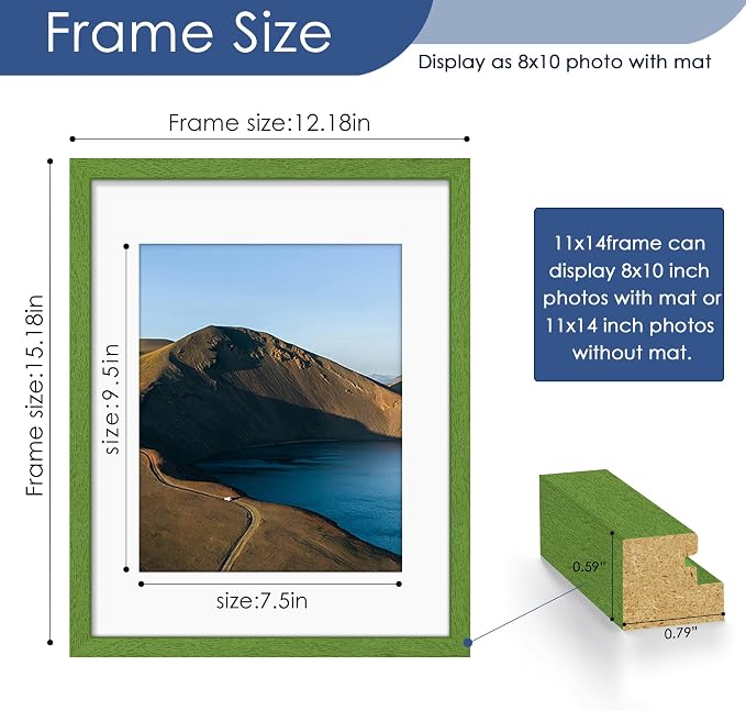 11x14 Picture Frame Set of 6, Wall or Tabletop Display, Green | Display Pictures 8x10 with Mat or 11x14 Without Mat, Horizontal or Vertical, Gallery Wall Frame Set, Wedding Birthday Gifts