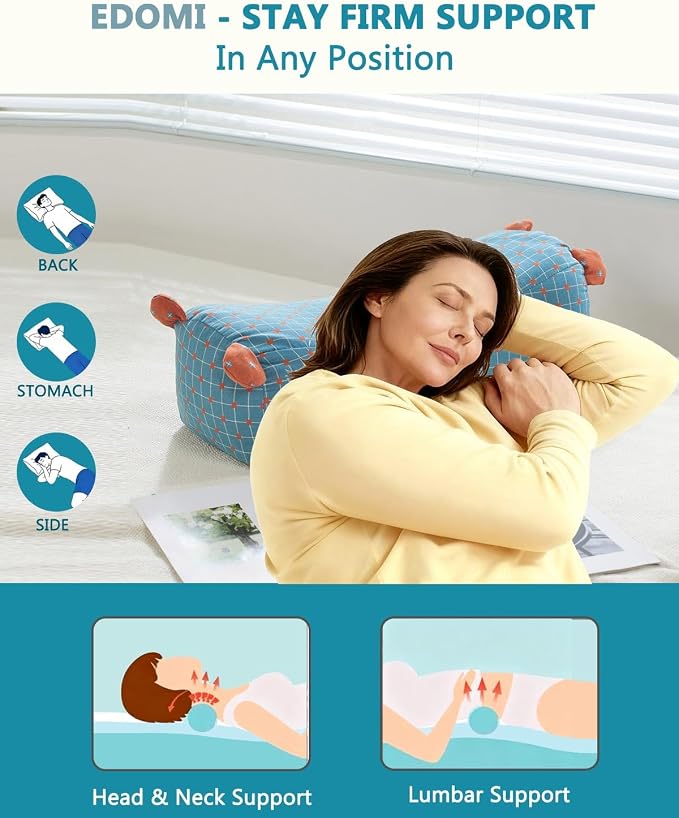 Adjustable Buckwheat Neck Roll Pillow, Firm Cylinder Bolster for Neck Back Support, Pain Relief for Yoga, Sleeping Recliner Use with Dot Plaid Pillowcase,16.5"x6.3", Blue