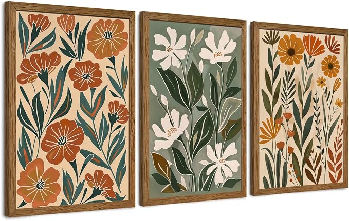 Urmoya 3 Pieces Boho Floral Decor Flower Market Wall Art, 20x30 Inch | Wood framed, Chic green and beige botanical trio, Ready to hang, for living room, Office, or guest bedroom home decor