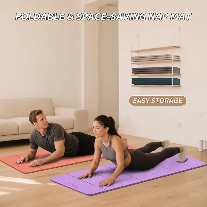 ILILI Foldable Yoga Mat 71 * 24 * 0.3'' - TPE Non-Slip Fitness Mat for Home，Waterproof & Lightweight (2lb) for Home Gym, Pilates & Stretching,Fitness Workouts
