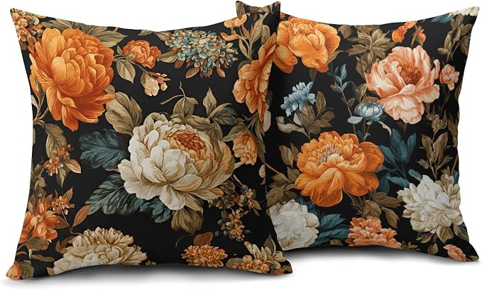 Black Boho Floral Pillow Covers 20X20 Inch Set of 2 Vintage Orange Beige Botanical Flowers Decorative Pillow Cases Mid Century Modern Bohemian Cushion Case Farmhouse Home Decor for Sofa Couch